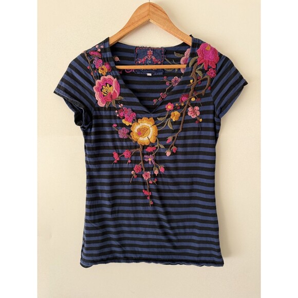 Johnny Was T-Shirt Womens Large Short Sleeve Striped Embroidered Tee Top - Picture 2 of 9
